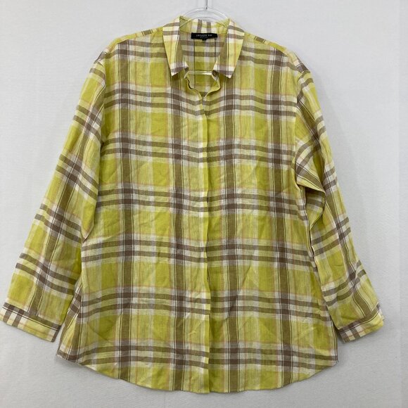 Lafayette 148 Large Parrot Green 100% Linen Plaid Relax Sabira Button Up Preppy - Picture 2 of 11